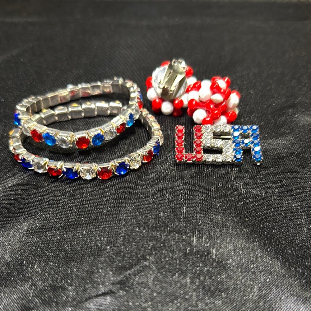 Patriotic USA Jewelry Set with Red, Blue, and Silver Accents